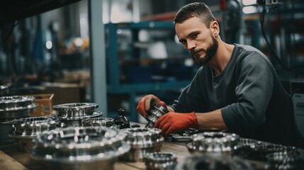 Male factory worker is assembling car parts for car production - Powered by Adobe