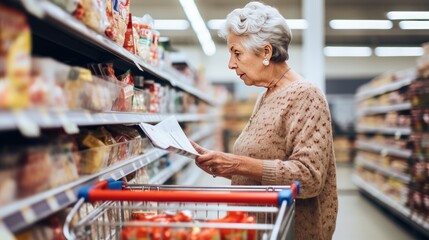 A senior woman is reading ingredient labels on shopping products in a grocery store - obrazy, fototapety, plakaty