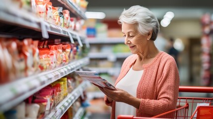 A senior woman is reading ingredient labels on shopping products in a grocery store - obrazy, fototapety, plakaty