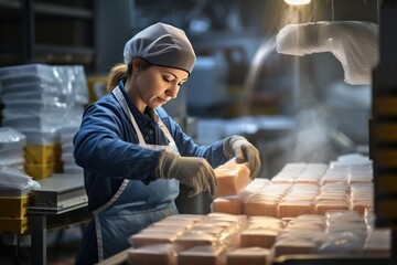 A woman packs frozen food in a packaging factory - obrazy, fototapety, plakaty