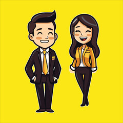 Cute Businesswoman and businessman with formal suit and ok sign Kawaii chibi Character design.