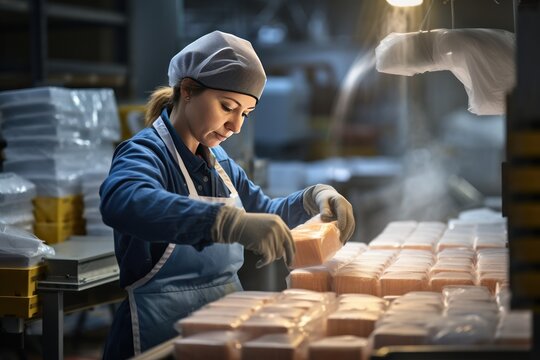 A woman packs frozen food in a packaging factory