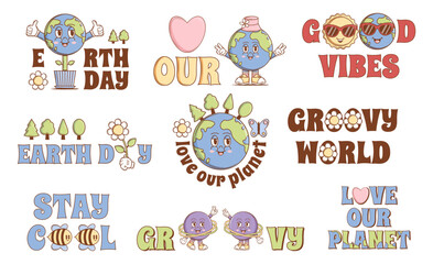 Love our Planet, Earth day, Groovy World, Good Vibes, Stay Cool sticker set in trendy groovy style. Funny vector earth character and mascot. Isolated background. Vector art