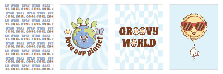 Characters Planet Earth and Sun in retro groovy style. Set of Funky cute posters. Vintage vector