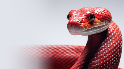 Red snake in alert position isolated on gray background