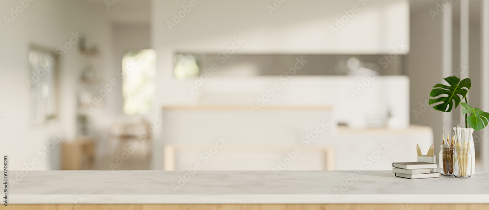 Poster copy space on a white table over a blurred background of a modern white office lobby with a counter.