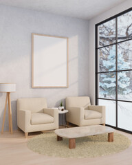 A beautiful, cosy living room with two comfortable armchairs and a window with snow view.
