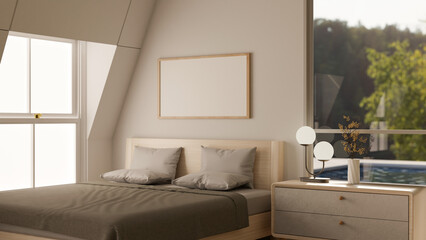Interior design of a modern, cosy bedroom with a comfortable bed and a bedside table or drawer.