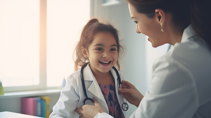 Smiling doctor checking child's lungs during medical checkup in modern sunny exam room at the clinic