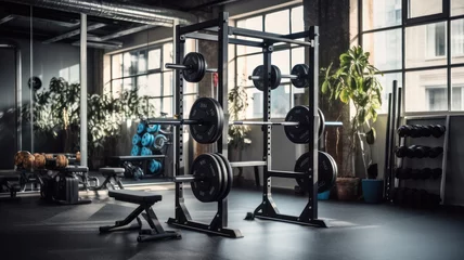 Foto op Aluminium Fitness Modern Light-Filled Gym Featuring a Rack with Barbells of Various Weights