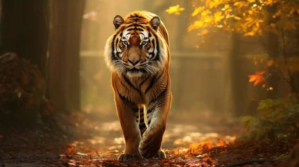 Fotobehang realistic tiger with bushy tail and black ears, walking on a dirt path through a forest with tall trees and colorful leaves, with rays of sunlight and mist creating magical atmosphere © wiparat