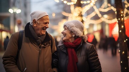 Happy elderly people light up the city during Christmas.