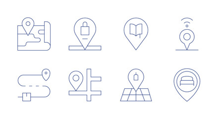 Location icons. Editable stroke. Containing location, map, route.