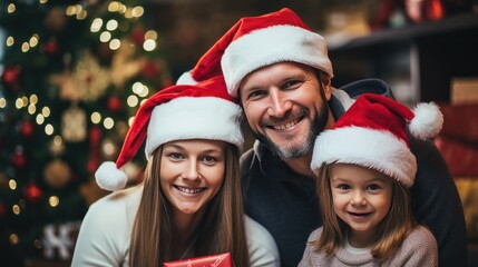 Fototapeta premium Happy family wearing Santa hats smiling with gifts and Christmas tree