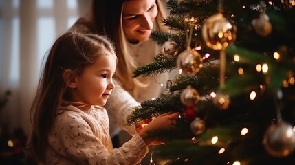 Mother and daughter decorate the Christmas tree in the house on the morning before Christmas. close...