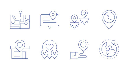 Location icons. Editable stroke. Containing placeholder, world, map, store, location, location pin, speech bubble.