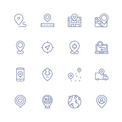 Location line icon set on transparent background with editable stroke. Containing location pin, location, delivery truck, placeholder, phone, safe place.