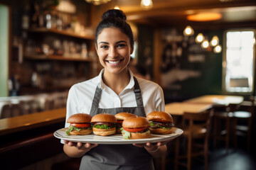 A woman holds a plate of burgers in a restaurant, presenting uniformly staged images, exuding joy and optimism. - obrazy, fototapety, plakaty