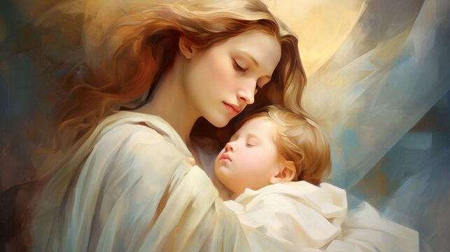 Art painting of the Mary with child, softly luminous and pretty.