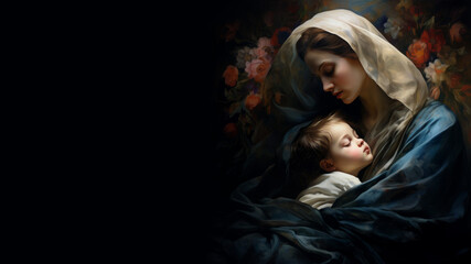 Mother and child portrayed in the style of religious art painting.