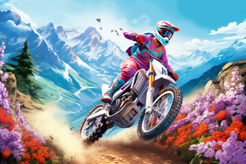 Woman riding an off-road motorbike in a landscape of mountains and flowers.
