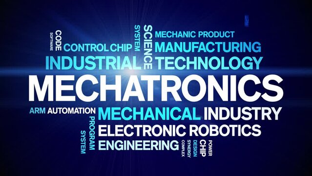 Mechatronics animated tag word cloud;text design animation kinetic typography seamless loop.