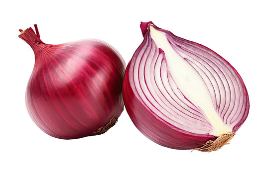 Red onion and cut in half sliced isolated on white background