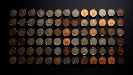 different variety of authentic coins arranged in a horizontal row isolated in a black background