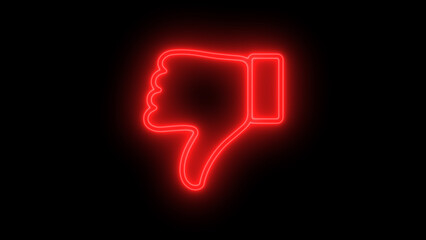 Neon thumb down icon. Glowing neon dislike sign, outline disapproving hand pictogram on black background.