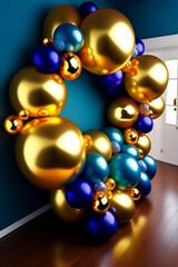 party balloons on a shiny blue background, christmas lights on a blue background, Gold and dark blue balloons on a dark blue background, children holiday balloons in blue  balloons, generative AI 




