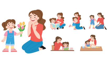 flat design illustration of daughter's day with mother learning and playing