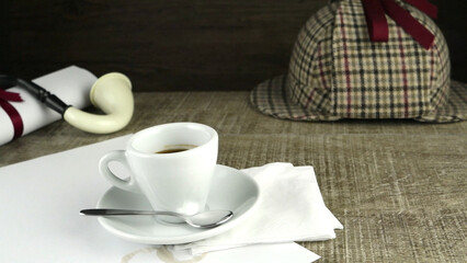 Coffee cup, paper sheets and detective hat