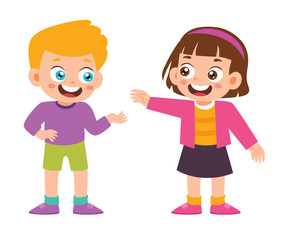 Fototapeta premium Little Kid Talking Explain with Standing Pose Children. Group of Kids Making Conversation to Friend, Communication Discussion Activity Isolated Element Objects. Flat Style Icon Vector Illustration