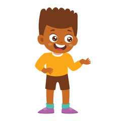 Black Little Kid Talking Explain with Standing Pose Children. Boy Making Conversation to Friend, Communication Discussion Activity Isolated Element Objects. Flat Style Icon Vector Illustration