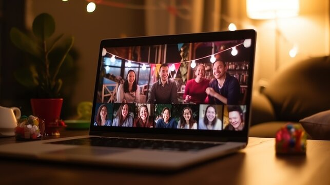 University students meeting at New Year's party, remote video, laptop, webcam, lens