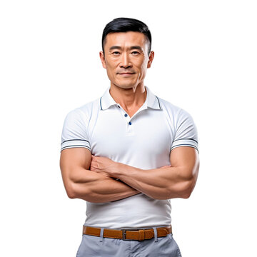 Studio portrait of a man wearing a white shirt with crossed arms, isolated on transparent background