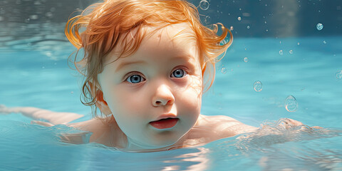 Fototapeta na wymiar a baby swims in the swimming pool