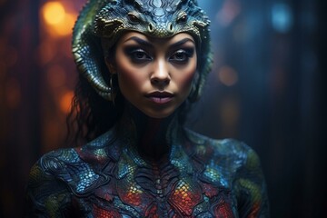 Mujer reptiliana, mujer extraterrestre con aspecto de reptil - obrazy, fototapety, plakaty
