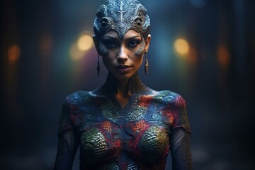 Mujer reptiliana, mujer extraterrestre con aspecto de reptil - obrazy, fototapety, plakaty
