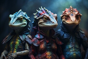 Familia de reptilianos, coloridos, colores brillantes, piel de lagarto, humanos con aspecto de reptil, reptiles - obrazy, fototapety, plakaty