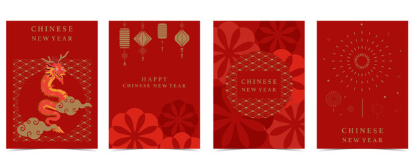 Chinese New Year background with lantern,dragon.Editable vector illustration for postcard,a4 size - obrazy, fototapety, plakaty