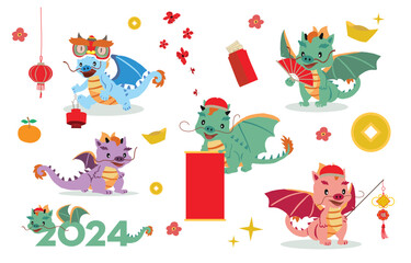 Fototapeta na wymiar cute 2024 dragon character for Chinese new year.vector illustration for graphic design