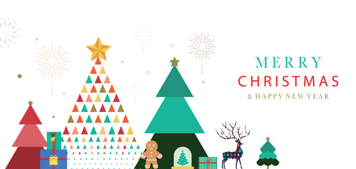 Christmas geometric banner background with christmas tree,reindeer.Editable vector illustration for postcard,horizontal size