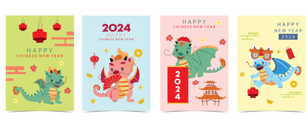 Fototapeta na wymiar cute Chinese New Year background with lantern,dragon.Editable vector illustration for kid postcard,a4 size
