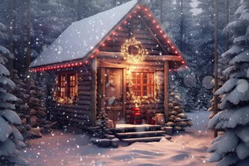 Snowbound cabin in winter forest, at night, with warm lights and festive decorations. - Powered by Adobe