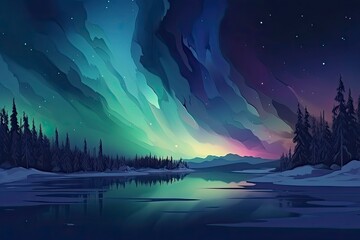 Aurora borealis. Northern lights in winter mountains. Sky with polar lights and stars. Stars reflection in lake water