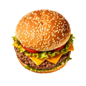 top view cheeseburger, transparent background, isolated image, generative AI