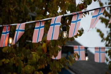 Garland made of Norway flags in Poulsbo town center