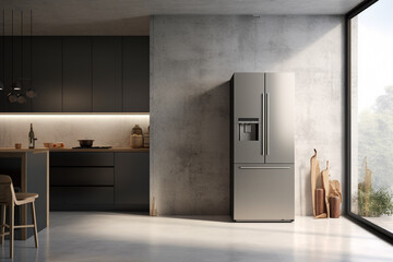 Modern refrigerator design for kitchen room in home with nature light.