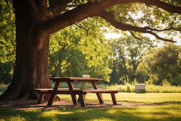 Naklejka premium Wooden table for family picnic under big tree in green public park.